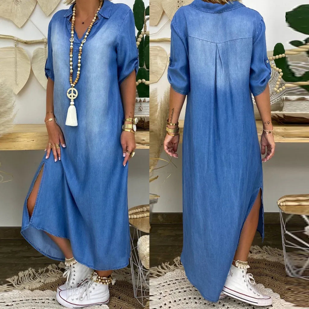 Lea | Lang jeanskjole med sideslids