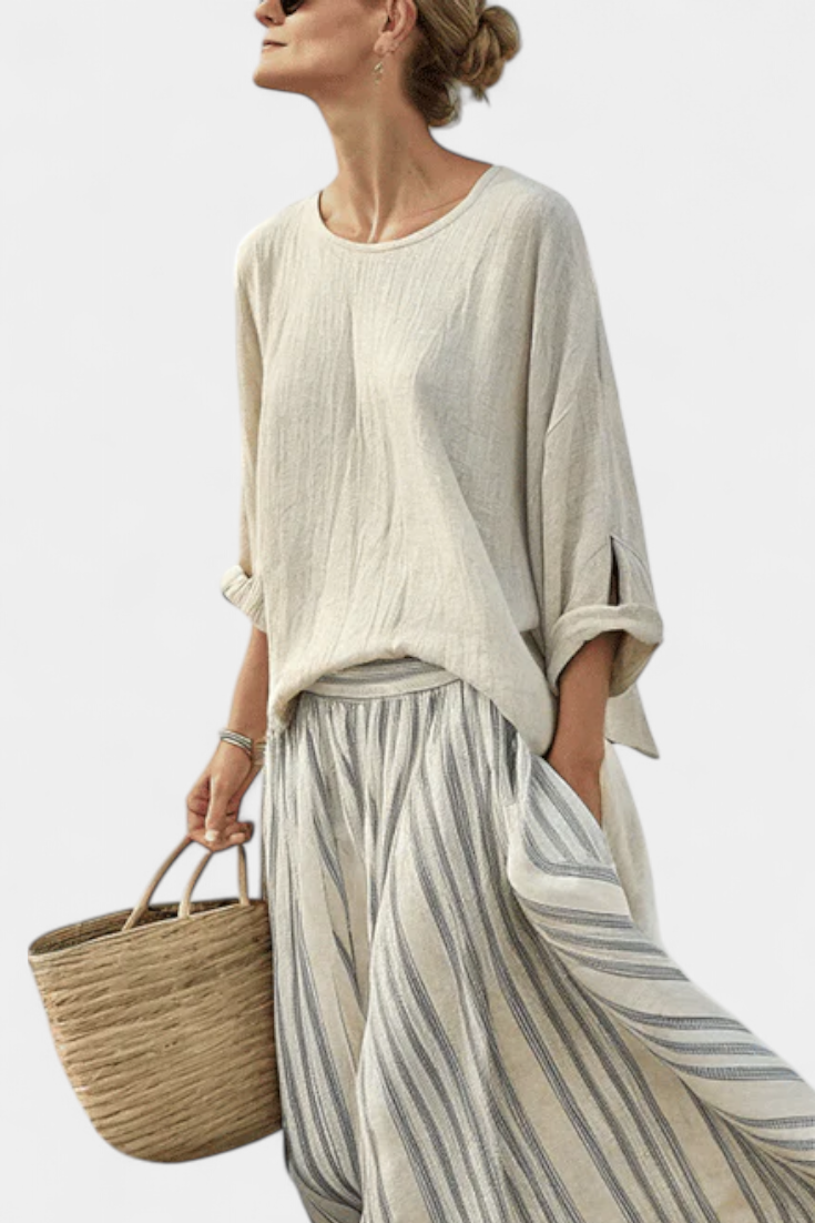 Komplet Casual Daisy med Oversized Bluse og Bælte Midi Nederdel i Bambus Linned til Elegant og Komfortabel Stil