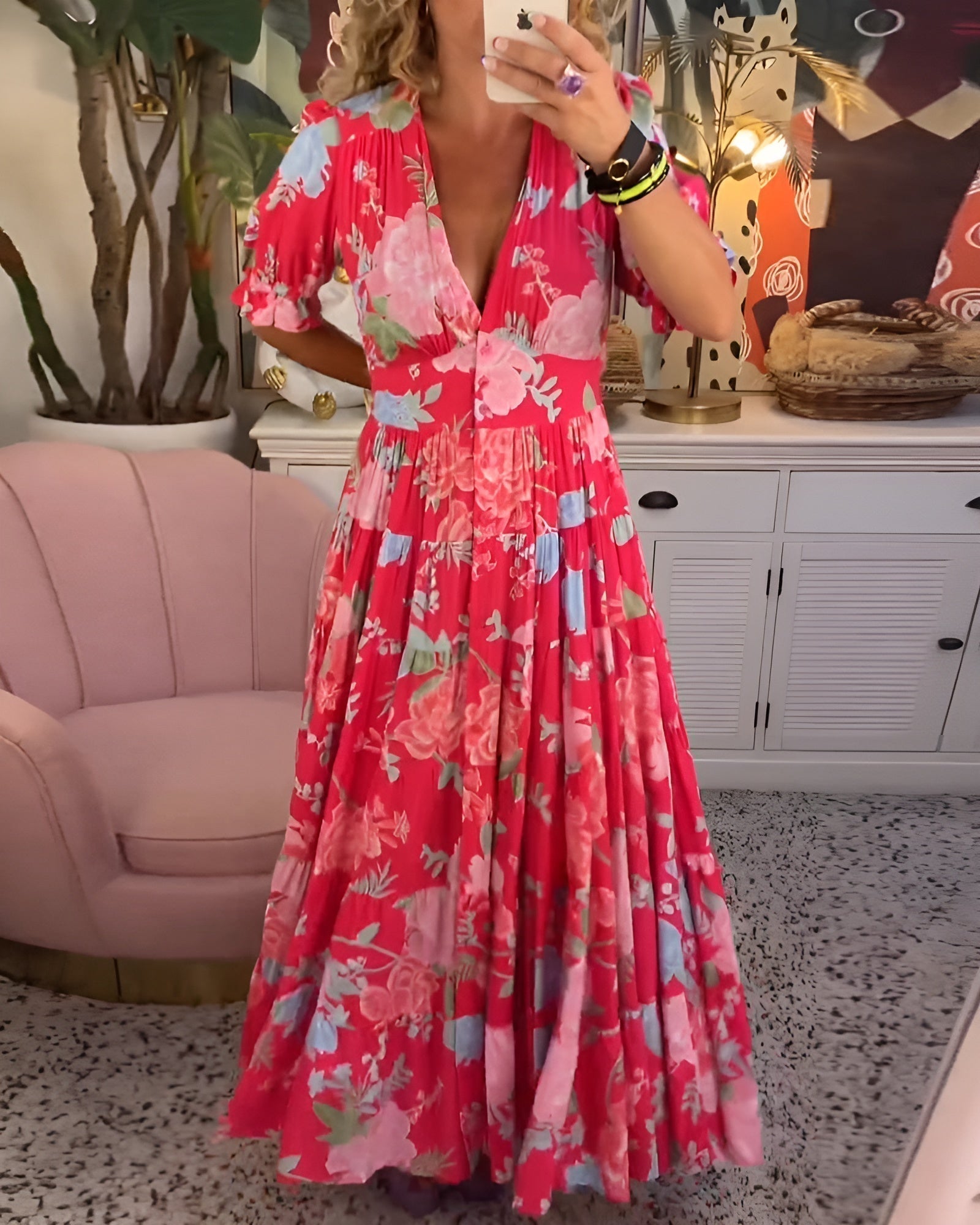 Carine | Kjole med lommer, V-hals, blomsterprint