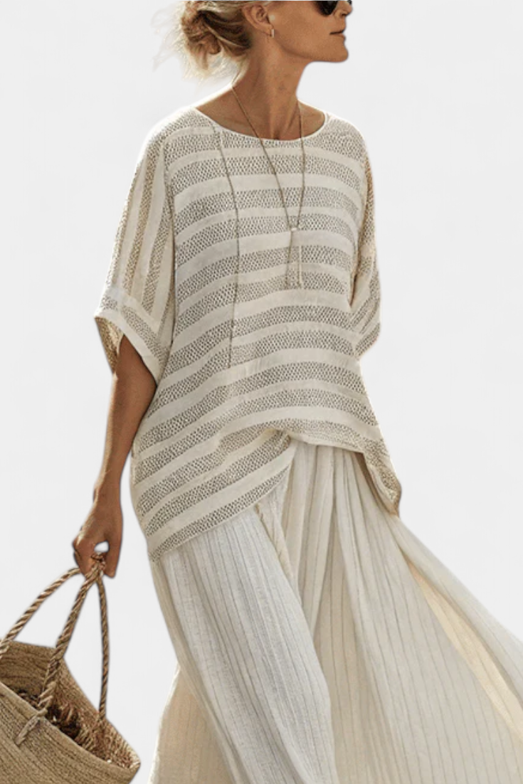 Daisy Sæt i Bambuslin med Elegant Stribet Bluse og Løse Bukser til Moderne og Komfortabel Stil