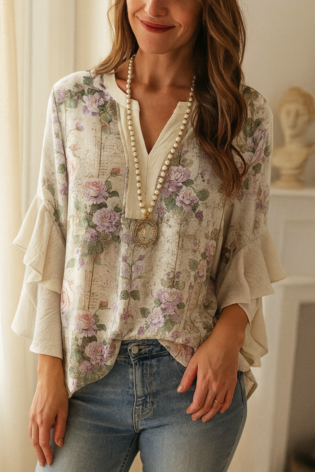 Fleur – Romantisk bluse med blomsterprint og brede ærmer