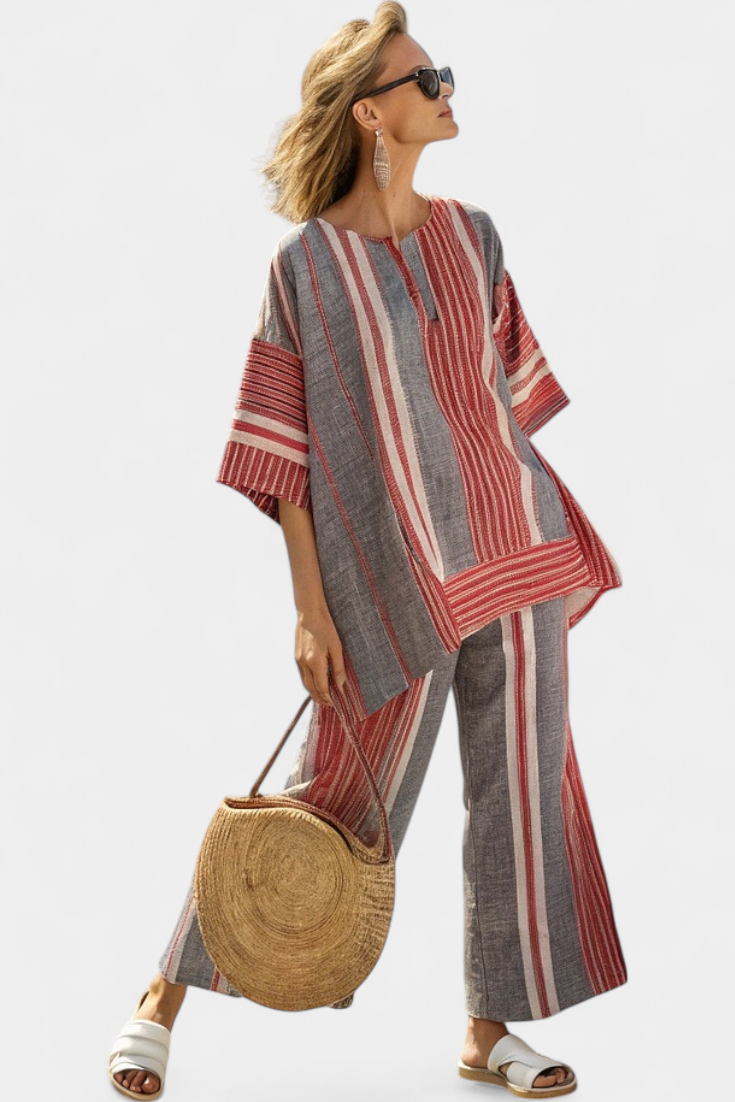 Komplett Oversized Daisy i Linned med Koralstriber og Grå Bånd, Moderne og Behagelig Stil