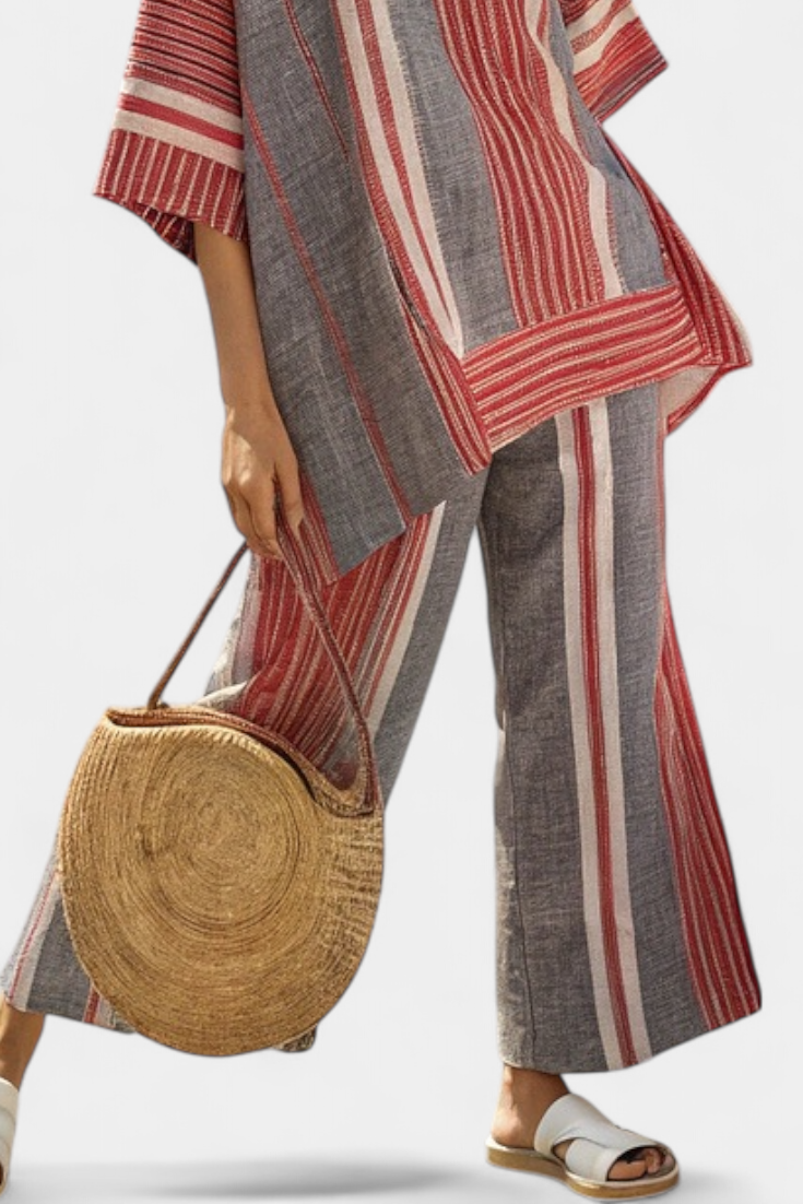Komplett Oversized Daisy i Linned med Koralstriber og Grå Bånd, Moderne og Behagelig Stil