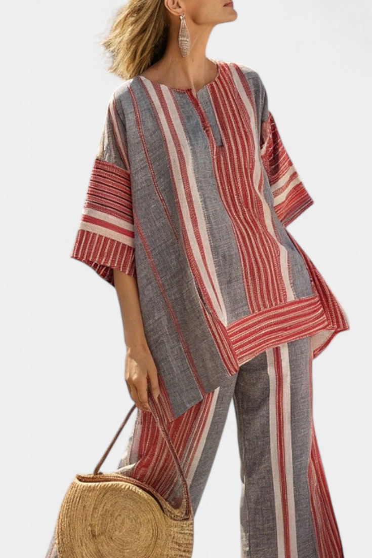 Komplett Oversized Daisy i Linned med Koralstriber og Grå Bånd, Moderne og Behagelig Stil