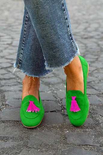 Sue | Grønne loafers med pink frynser
