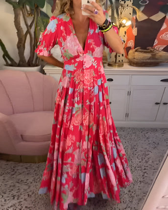 Carine | Kjole med lommer, V-hals, blomsterprint