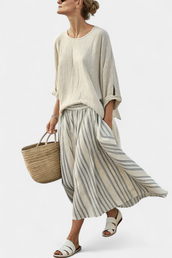 Komplet Casual Daisy med Oversized Bluse og Bælte Midi Nederdel i Bambus Linned til Elegant og Komfortabel Stil