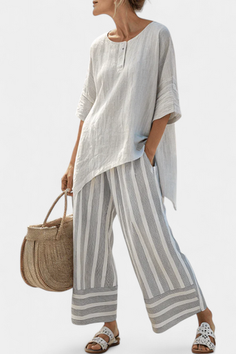 Daisy Komplett med Asymmetrisk Bluse og Bukser i Striber til Moderne og Elegant Stil
